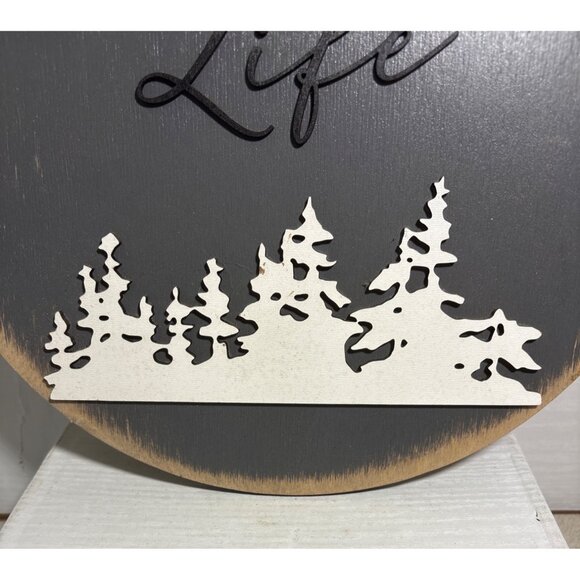 Lake Life Wooden Round Plaque Sign Grey White Black Laser Cut Trees Design 12" - Picture 3 of 6
